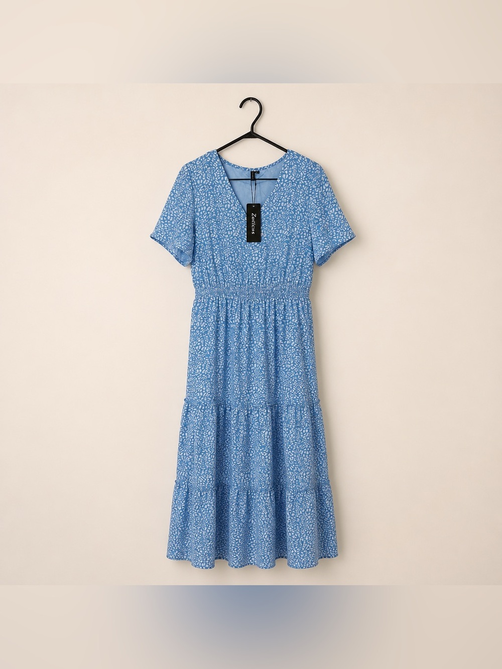 Zattcas Medium Short Flutter Sleeve Summer Maxi Dress in a light blue ditsy prin